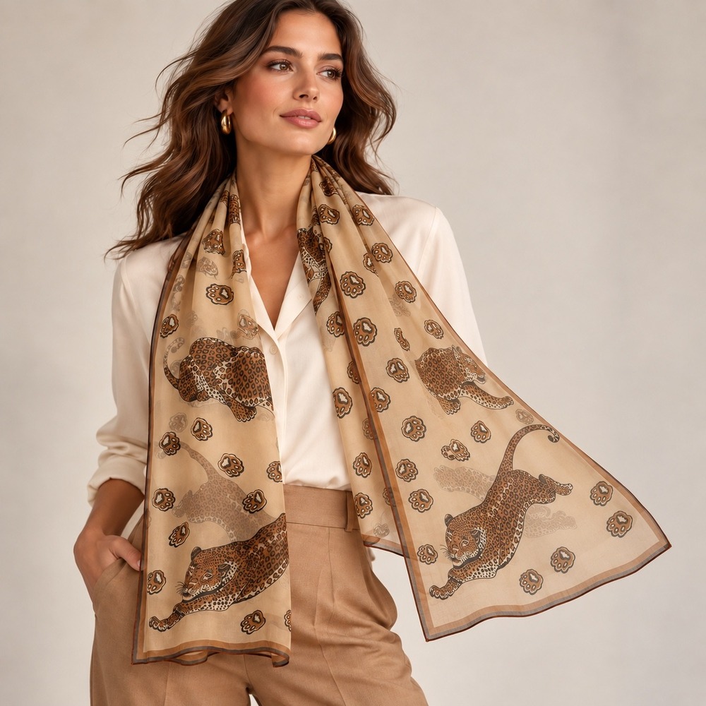 Burmel Vintage Leopard Print Chiffon Scarf Tan Animal Safari Jungle Chic Sheer